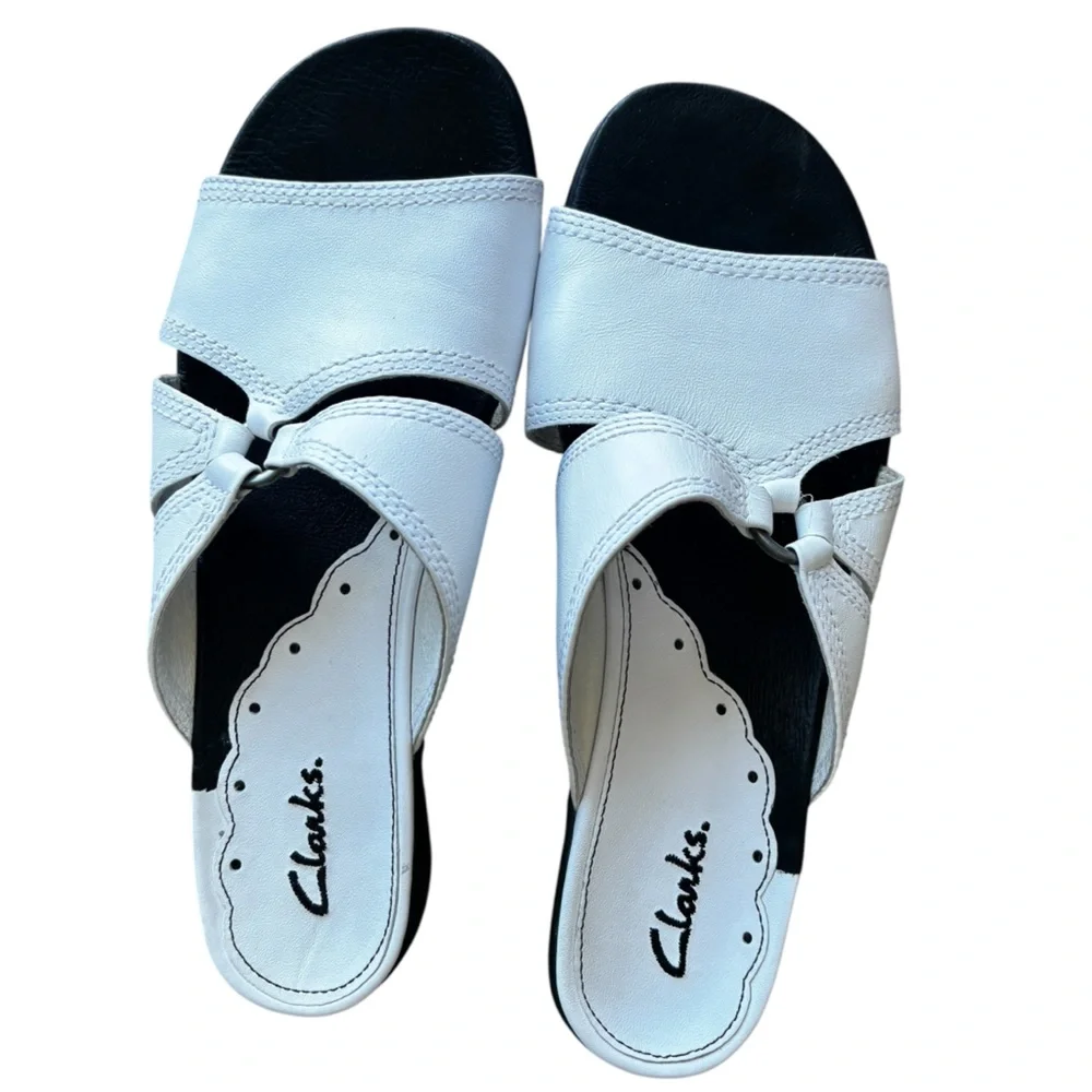 Clarks Women's White Leather Slide Sandals Open Toe 7
